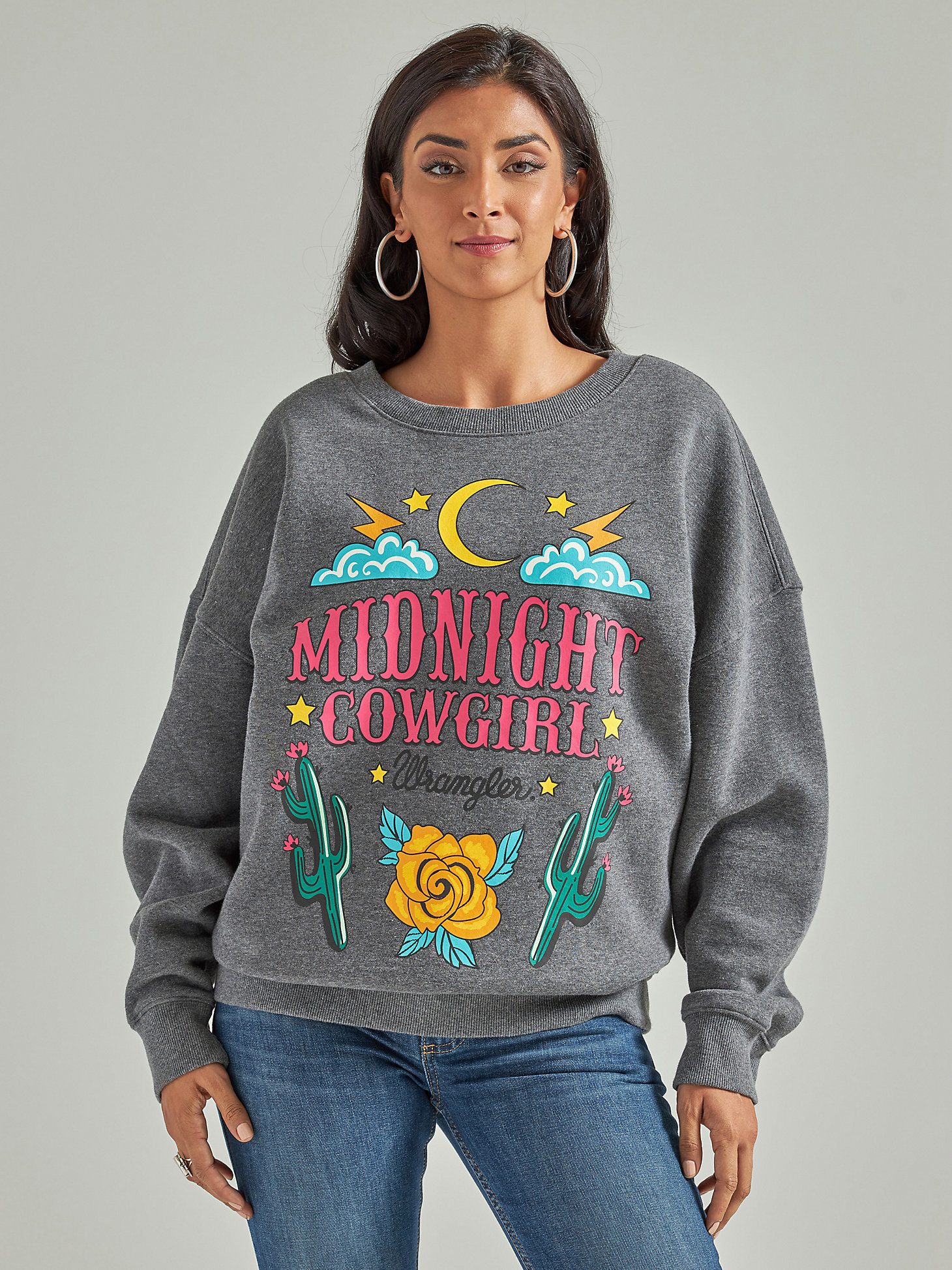 Women's Wrangler Retro® Midnight Cowgirl Oversized Sweatshirt in Grey main view