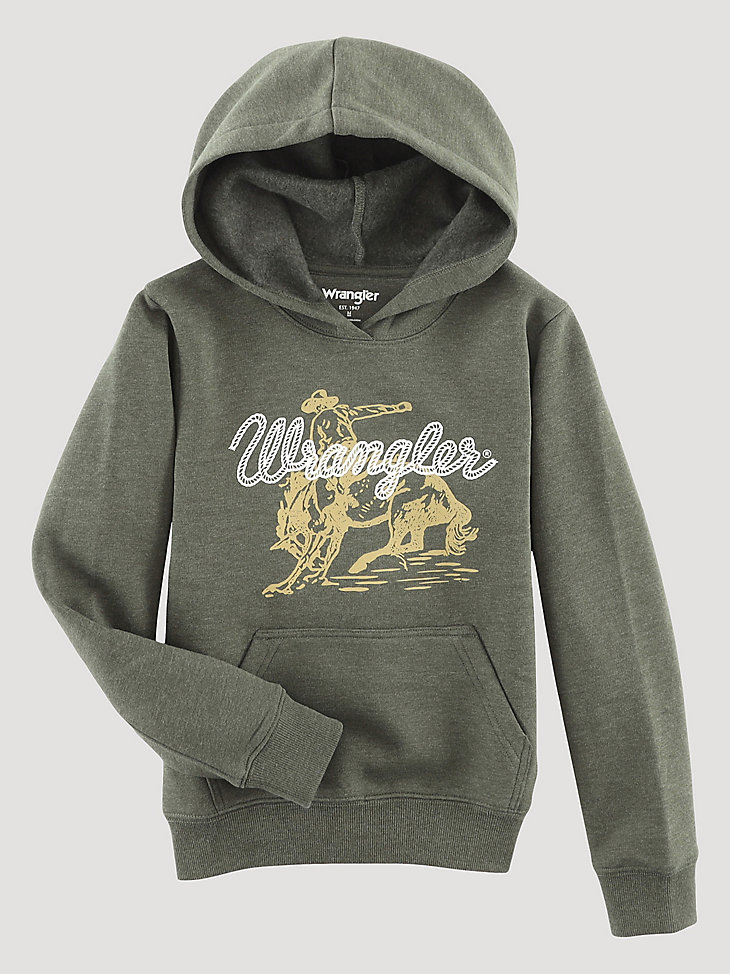 Boy's Wrangler Cowboy Graphic Pullover Hoodie in Olive Heather main view