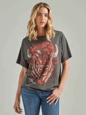 Women s Wrangler Retro Bison Oversized Tee in Grey