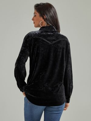 Black Velvet Button Front Top