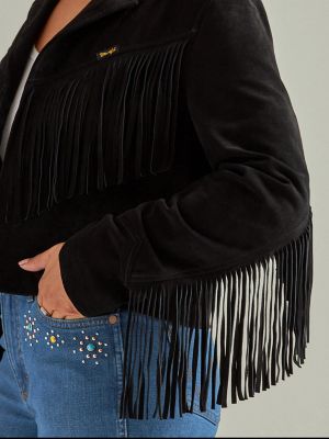 Black faux shop suede fringe jacket