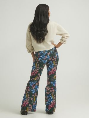 New girl's black floral print flare leg pants size 10