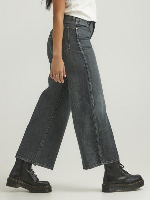 Washed Black Cargo Pocket Detail Wide Leg Jeans