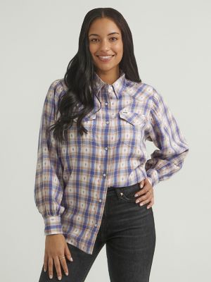 Women's Balloon Sleeve Plaid Shirt in Federal Blue