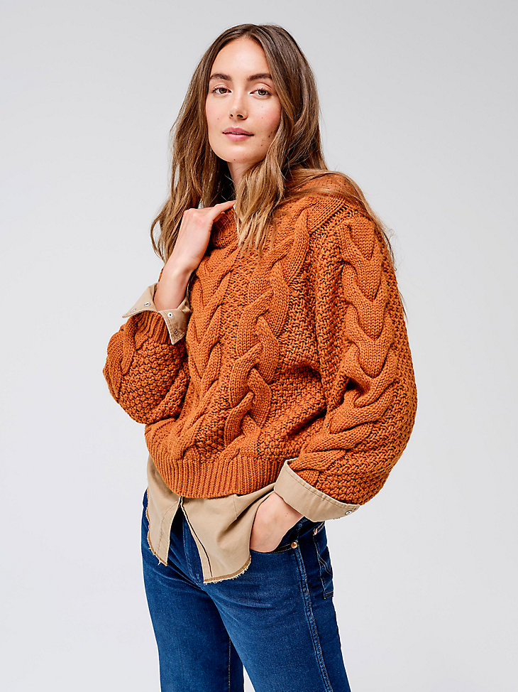 Women's Cable Knit Sweater in Leather Brown