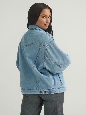 Women's Quilted Lined Denim Trucker Jacket in Scarecrow Blue