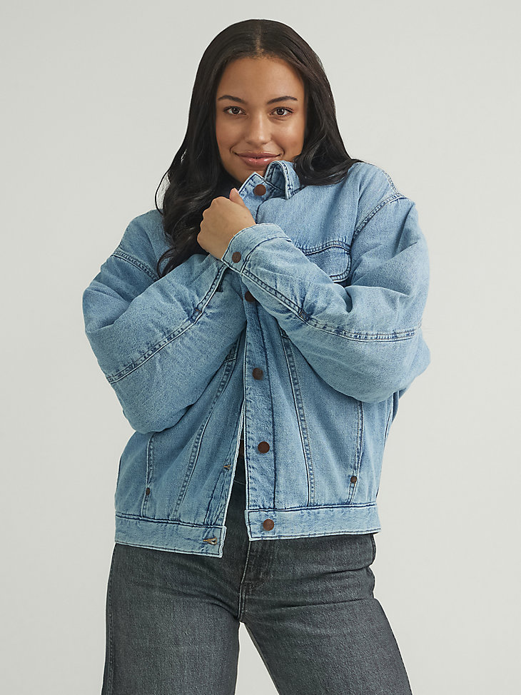 Women's Quilted Lined Denim Trucker Jacket in Scarecrow Blue