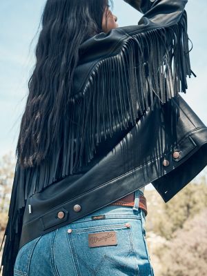 Black Faux Leather Fringe Crop Jacket