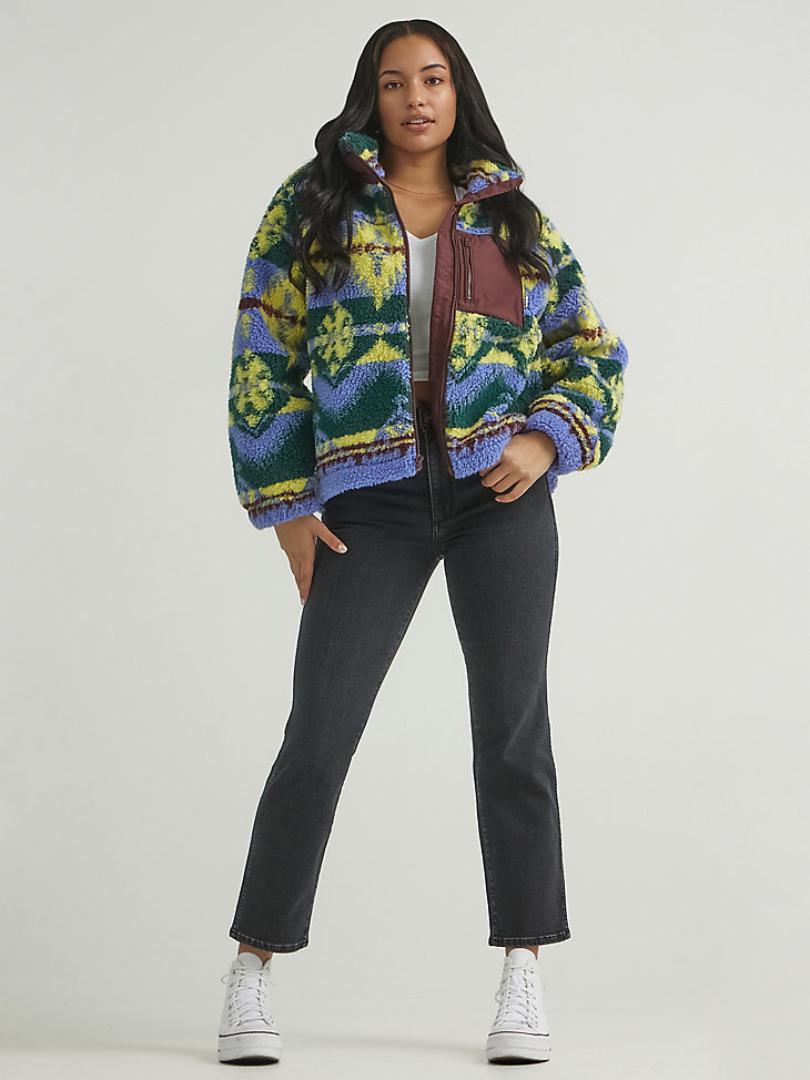 Women's All Over Printed Sherpa Jacket in Very Peri Purple alternative view 3