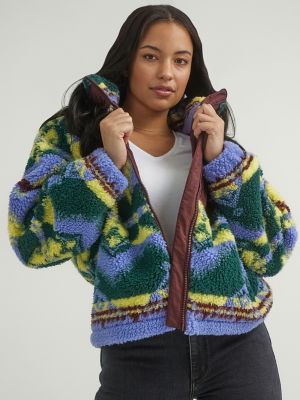 Women's All Over Printed Sherpa Jacket in Very Peri Purple