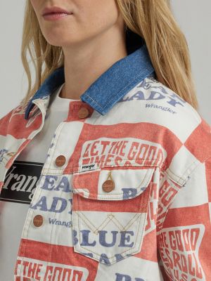 Women's Blue Jean Lady Printed Denim Jacket in Red White Blue