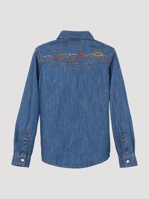 Girl's Long Sleeve Embroidered Western Snap Denim Shirt