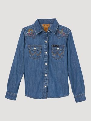 Girl's Long Sleeve Embroidered Western Snap Denim Shirt