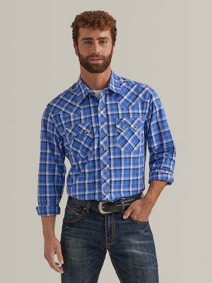 Wrangler Men's Retro Premium Contrast Trim Western Snap Flap Pocket Solid  Shirt - Cool Blue - Chaar