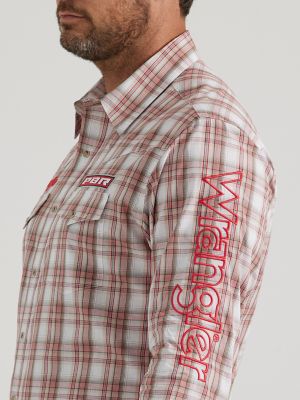 Men's Wrangler® PBR® Logo Long Sleeve Plaid Western Snap Shirt in Red Tan