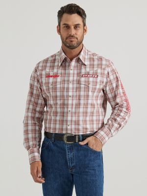 Men's Wrangler® PBR® Logo Long Sleeve Plaid Western Snap Shirt