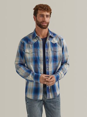 Wrangler Mens Long Sleeve Logo Western Snap Plaid Shirt Sunny Blue Size S