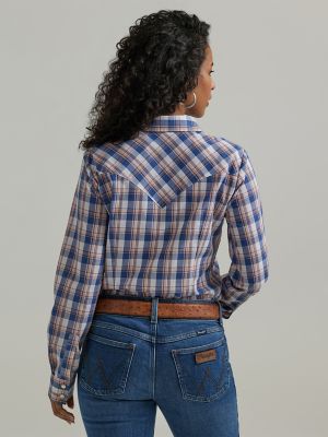 Women's Essential Long Sleeve Plaid Western Snap Top in Anthem Blue