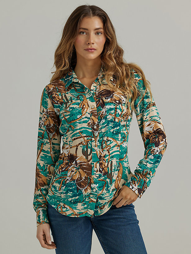 Women's Wrangler Retro® Saddle Up Western Snap Shirt in Animal Turquoise