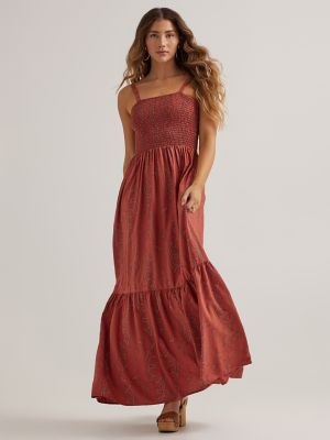 Women's Smocked Bodice Maxi Dress in Rust alternative view 4