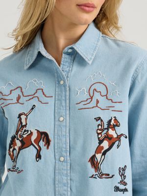 Womens Embroidered Boyfriend Western Snap Denim Shirt
