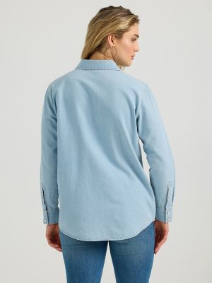 Womens Embroidered Boyfriend Western Snap Denim Shirt in Denim Blue