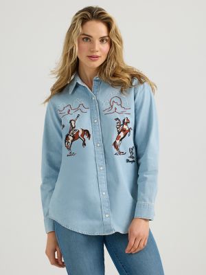 Womens Embroidered Boyfriend Western Snap Denim Shirt