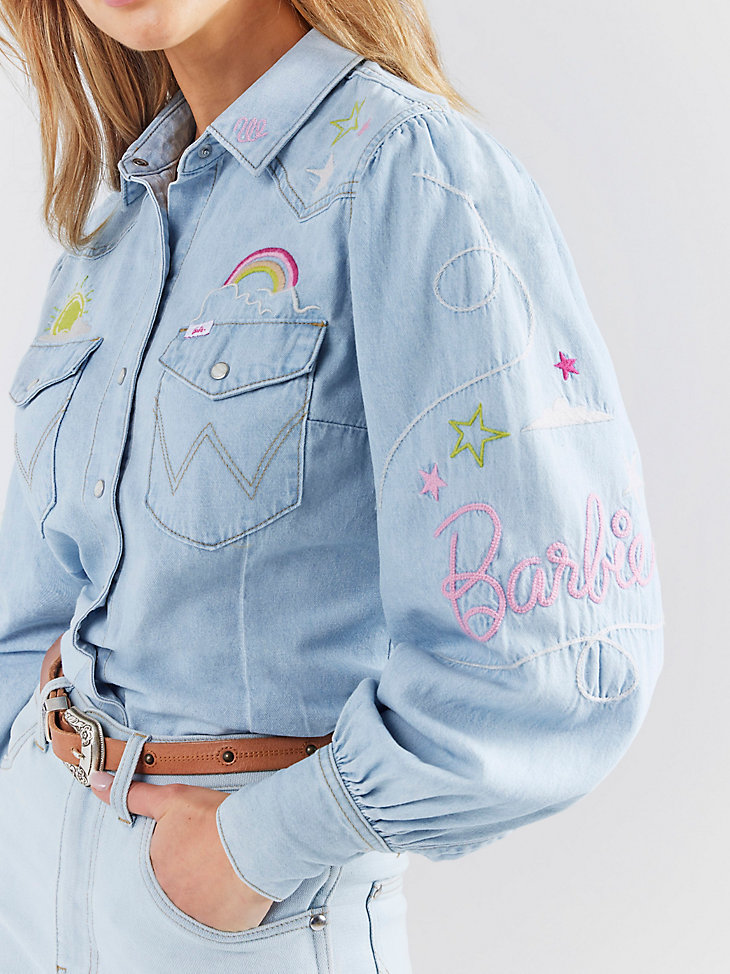 Wrangler x Barbie™ Western Balloon Sleeve Embroidered Blouse in Ken Wash alternative view 5