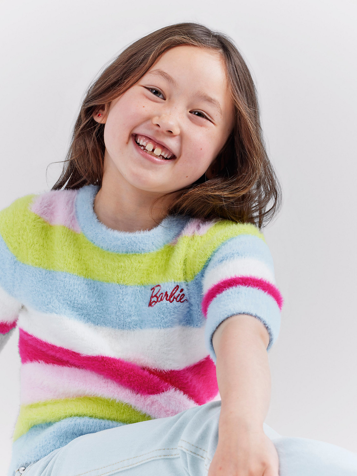 Wrangler x Barbie™ Girl's Fuzzy Sweater in Rainbow Stripe alternative view 2