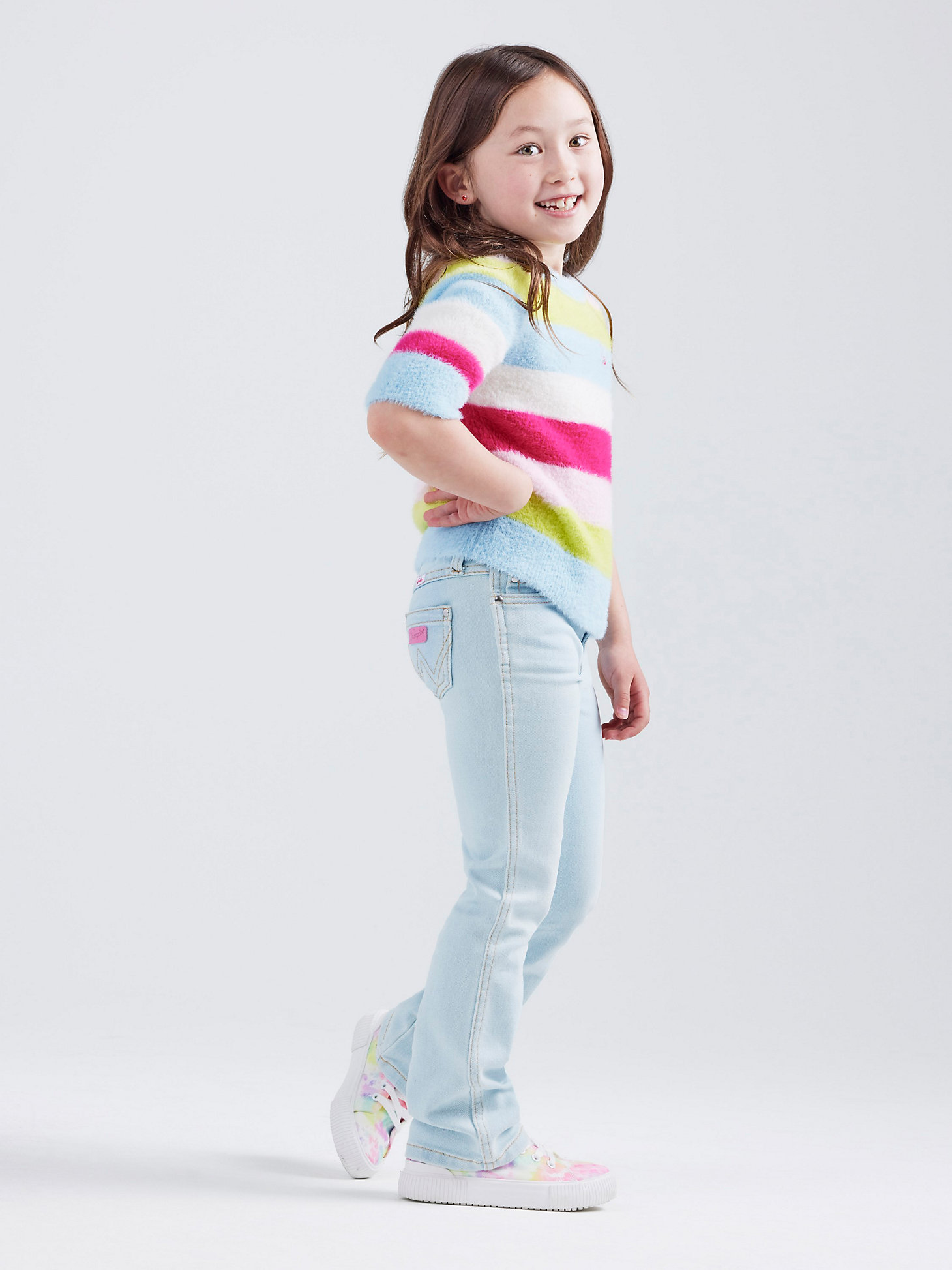 Wrangler x Barbie™ Girl's Fuzzy Sweater in Rainbow Stripe alternative view 5