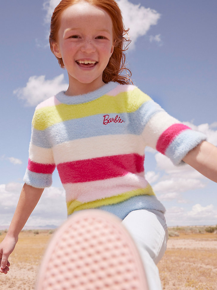 Wrangler x Barbie™ Girl's Fuzzy Sweater in Rainbow Stripe main view