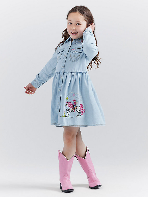 Wrangler x Barbie™ Girl's Embroidered Denim Shirt Dress in Ken Blue