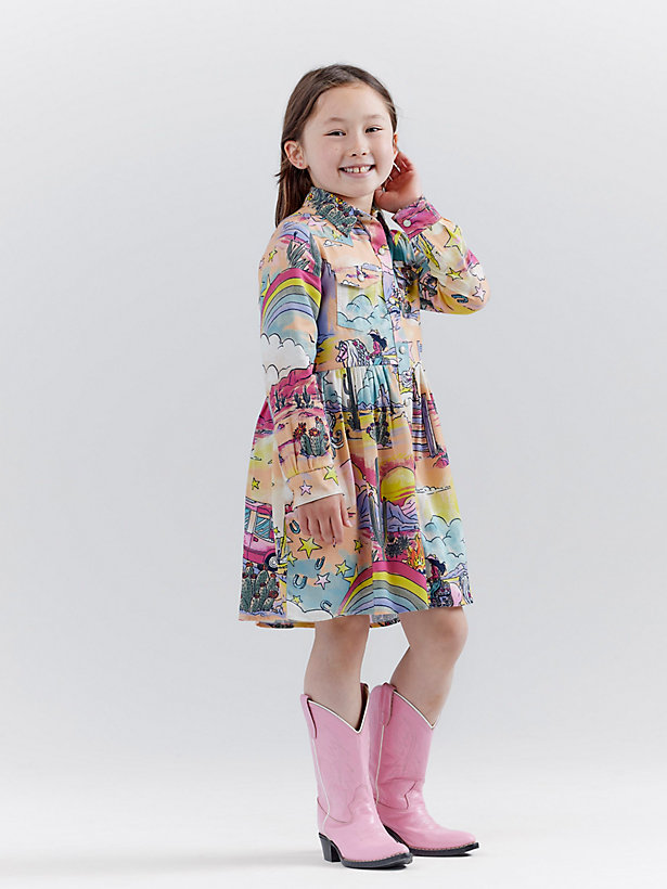 Wrangler x Barbie™ Girl's Illustrated Western Snap Shirt Dress in Multi Print
