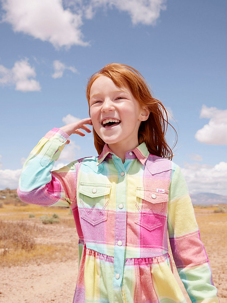 Wrangler x Barbie™ Girl's Plaid Western Snap Shirt Dress in Multi Plaid alternative view