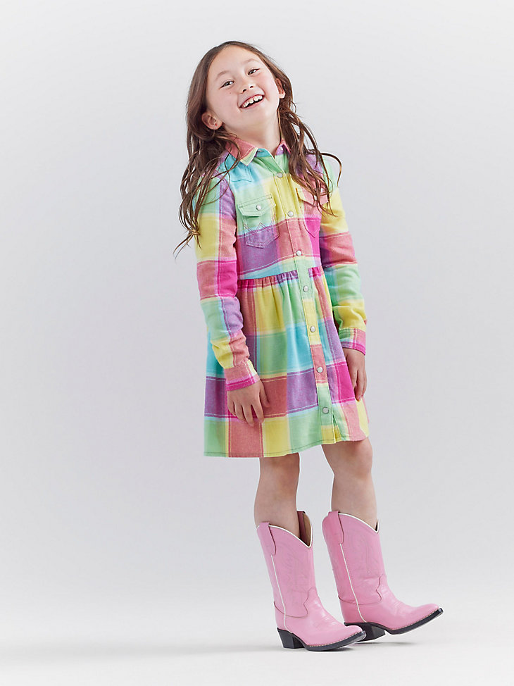 Wrangler x Barbie™ Girl's Plaid Western Snap Shirt Dress in Multi Plaid alternative view 2