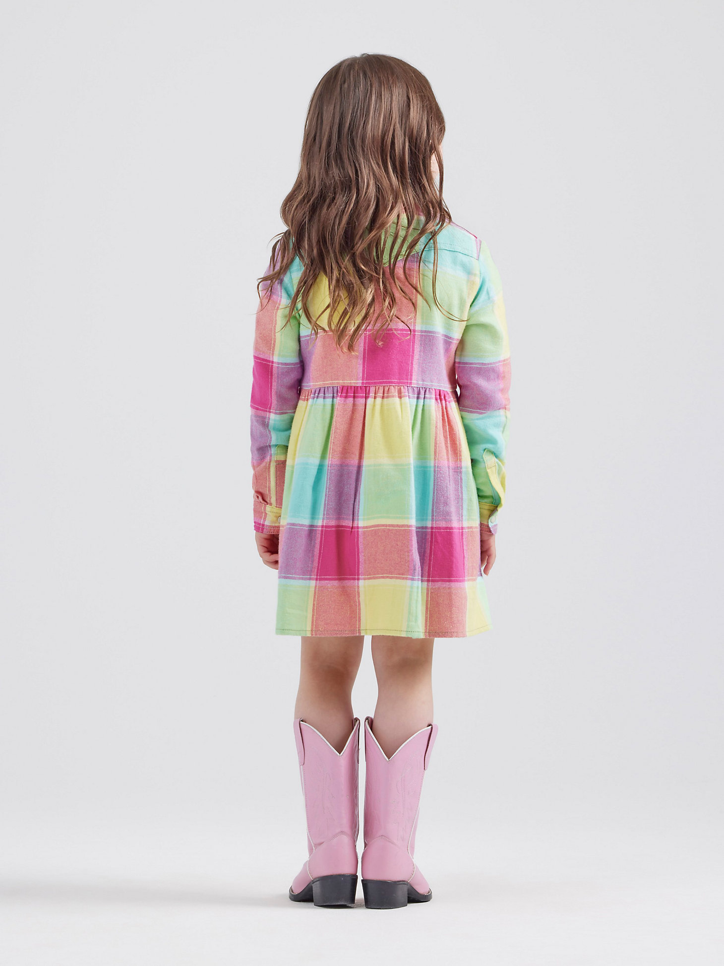 Wrangler x Barbie™ Girl's Plaid Western Snap Shirt Dress in Multi Plaid alternative view 3