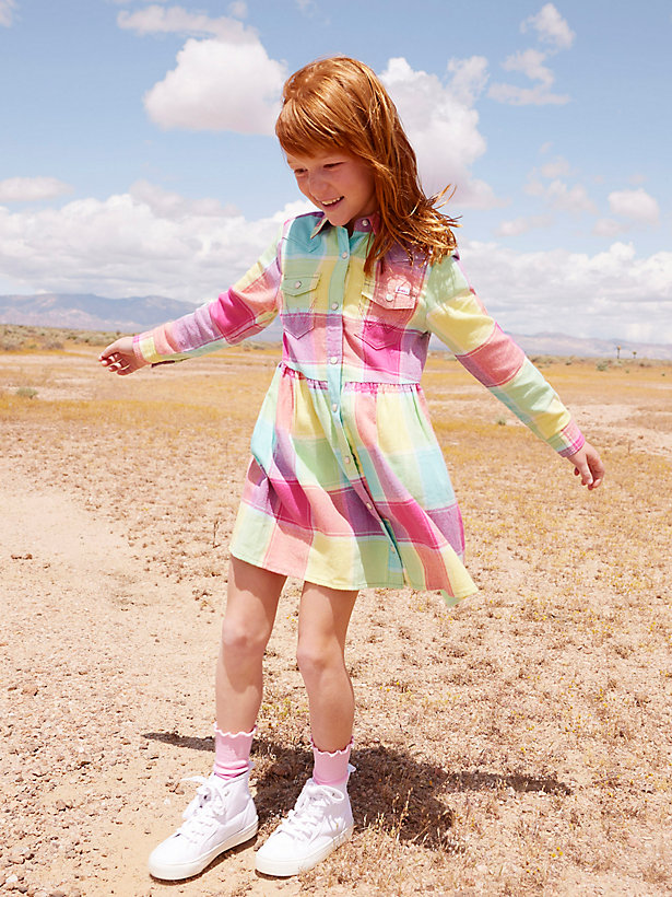 Wrangler x Barbie™ Girl's Plaid Western Snap Shirt Dress in Multi Plaid