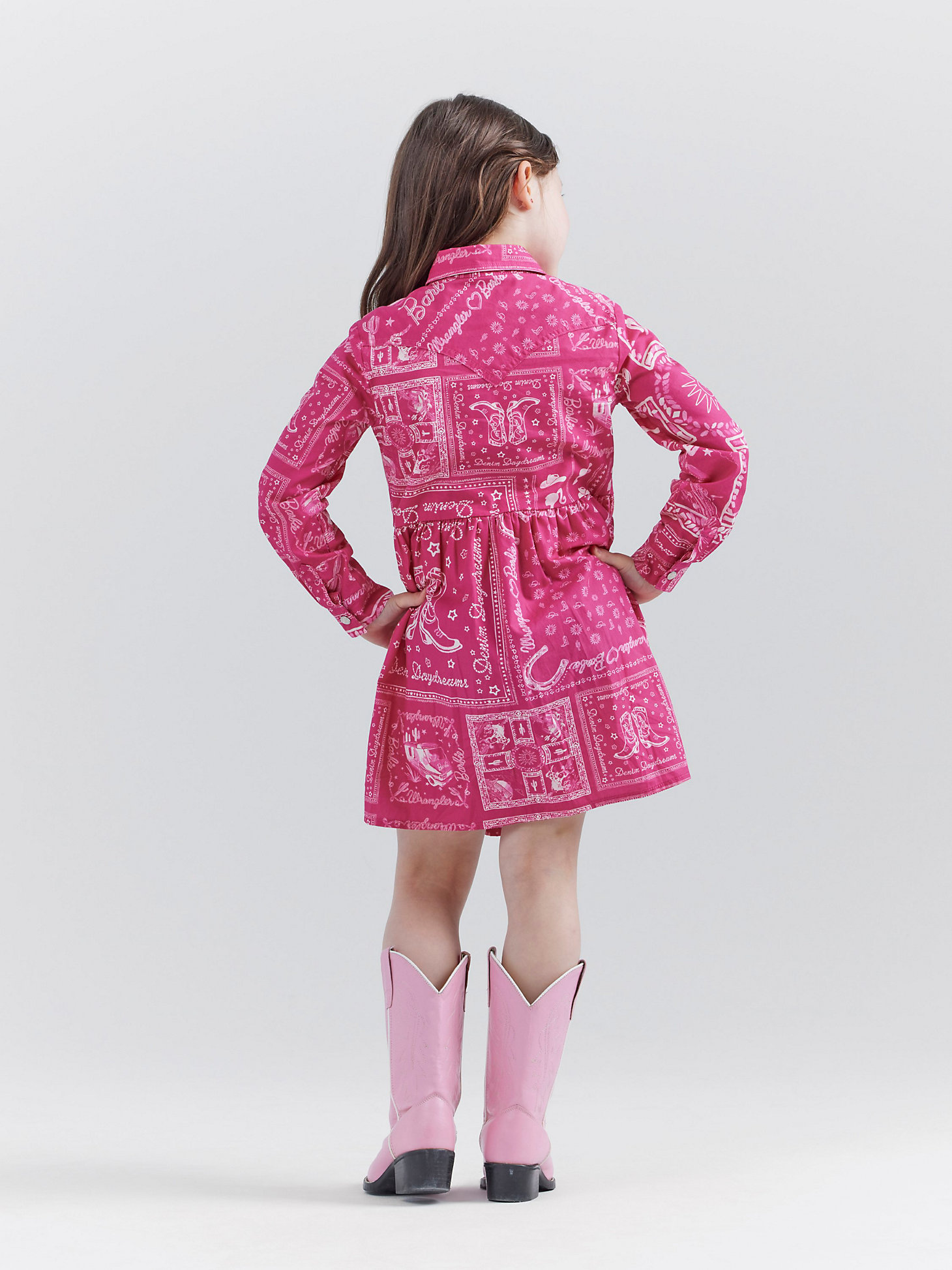 Wrangler x Barbie™ Girl's Bandana Western Snap Shirt Dress in Bandana Pink alternative view 3