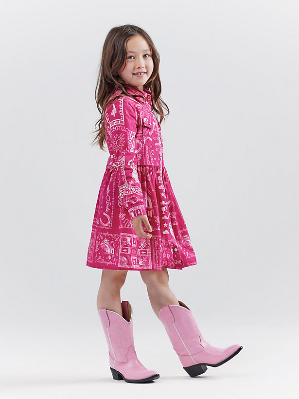 Wrangler x Barbie™ Girl's Bandana Western Snap Shirt Dress in Bandana Pink