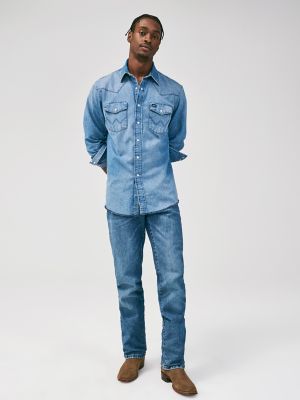 Vintage-Inspired Western Snap Workshirt in Medium Blue