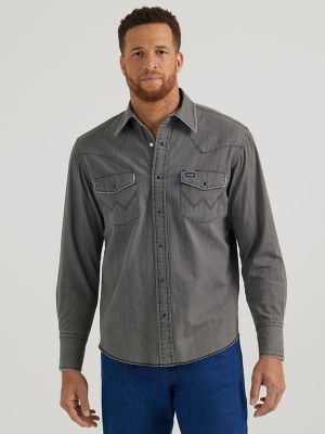 Vintage-Inspired Western Snap Workshirt in Medium Blue