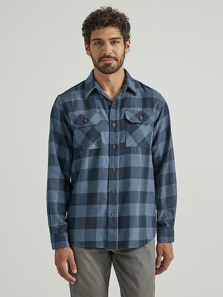 Men's Wrangler® Flannel Plaid Shirt in Sargasso Sea main view