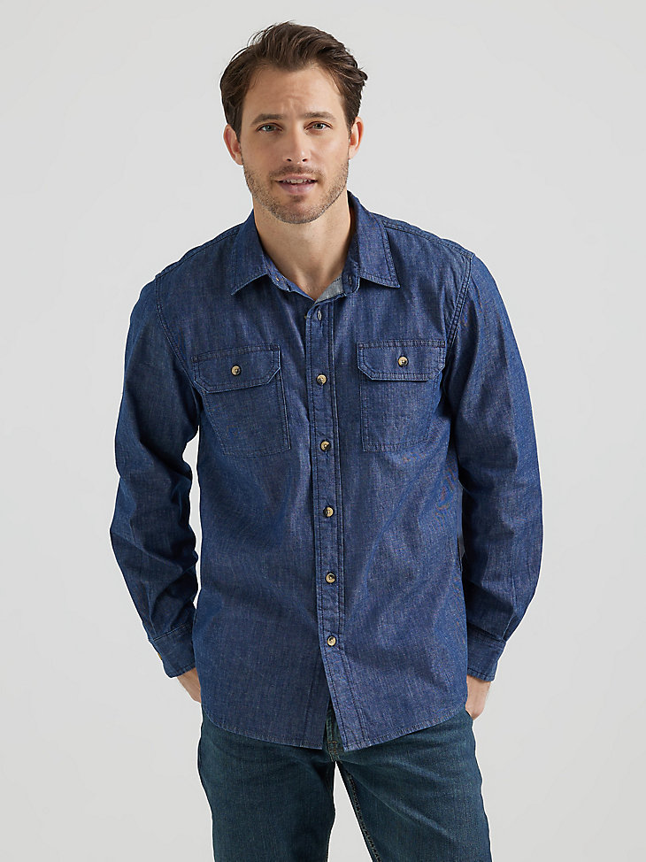 Men’s Wrangler® Long Sleeve Twill/Denim Shirt in Rinse main view