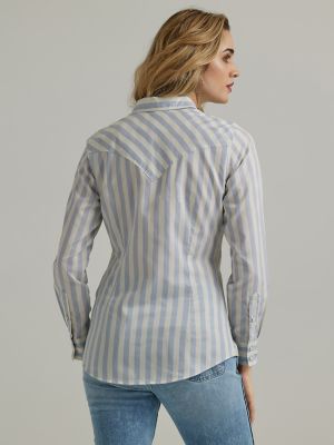 Tapered-waist poplin shirt - Blue/Striped - Ladies