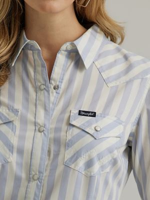 WOMEN'S WRANGLER RETRO STRIPE WESTERN SNAP SHIRT IN PINK WHITE