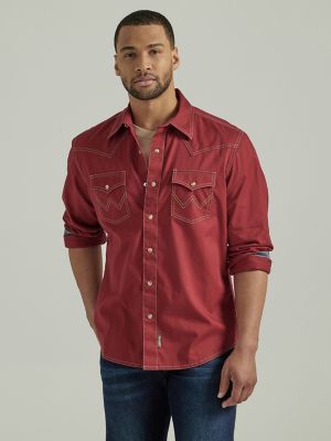 Men's Wrangler Retro Premium Western Snap Solid Shirt in Brick Red