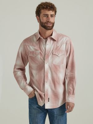 Men's Wrangler Retro® Premium Long Sleeve Western Snap Plaid Shirt in Peach  Fade
