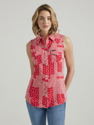 red print sleeveless top