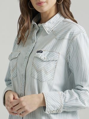 WOMEN'S WRANGLER RETRO STRIPE WESTERN SNAP SHIRT IN PINK WHITE