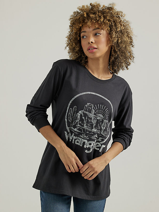 Women's Long Sleeve Watercolor Desert Graphic Tee in Washed Black